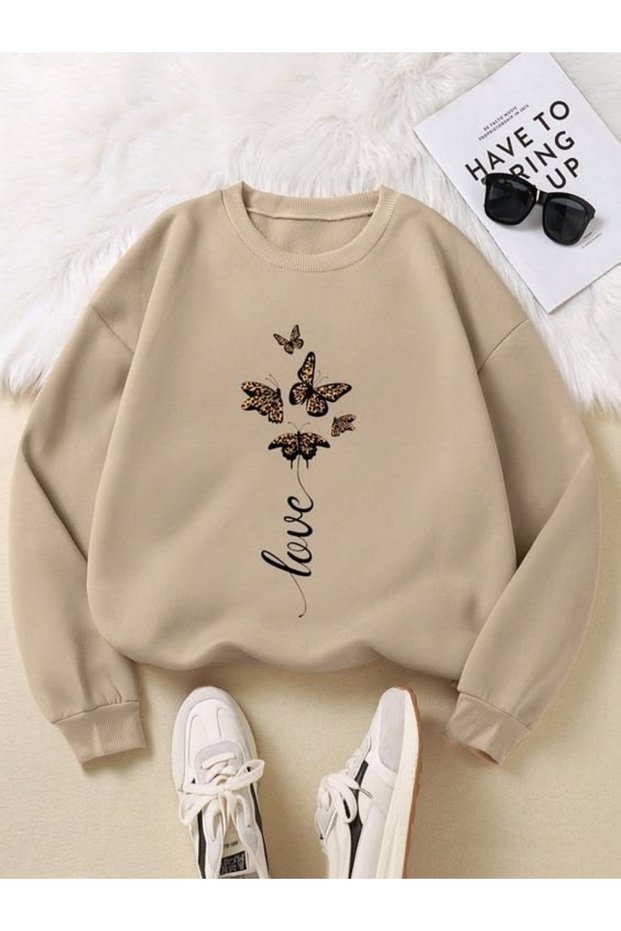 Love Butterfly Printed Cotton 3 Thread Threaded Crew Neck Oversize Sweatshirt