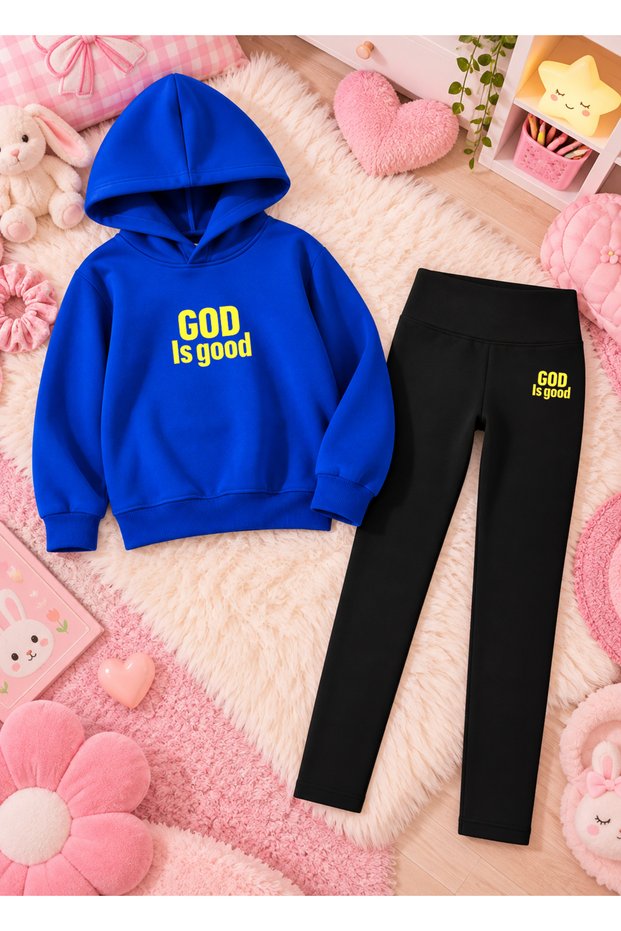 Girl's Hooded Sweatshirt, Straight-Leg Leggings Set, Printed 3-Yarn Rastered Winter Comfortable Fit Set