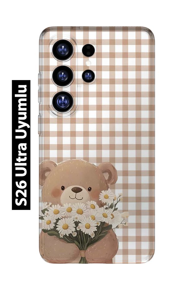 Samsung Galaxy S26 Ultra Compatible Transparent Phone Case with Flower Bouquet and Teddy Bear Pattern