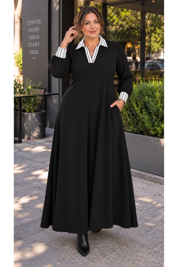 Women's Plus Size White Black Striped Pocketed 140 cm Lycra Two-Thread Fabric Black Dress