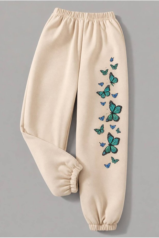 Winter Kids' Cream Butterfly Printed Sweatpants - High Waist Elastic Jogger Sweatpants