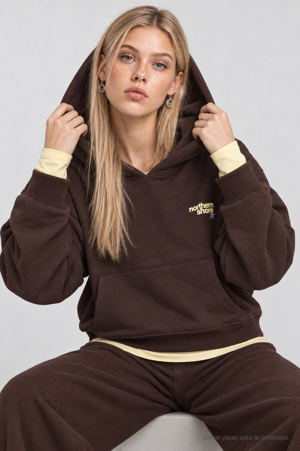 Hooded Printed Oversize Knitted Sweatshirt Lrn0080 Brown