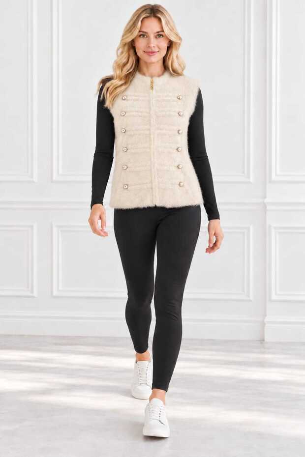 Women's Zippered Bearded Soft Crew Neck Gofralized Knitwear Button Detailed Sports Vest