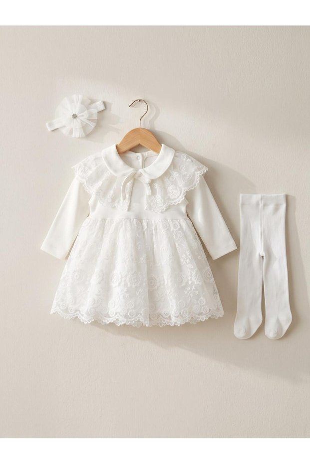 Baby Girl Mevlütlük Dress Set of 3 Baby Collar Bandana Cape Lace Newborn Hospital Release Wedding Dress 100% Cotton Evening Dress Mevlitlik 4032
