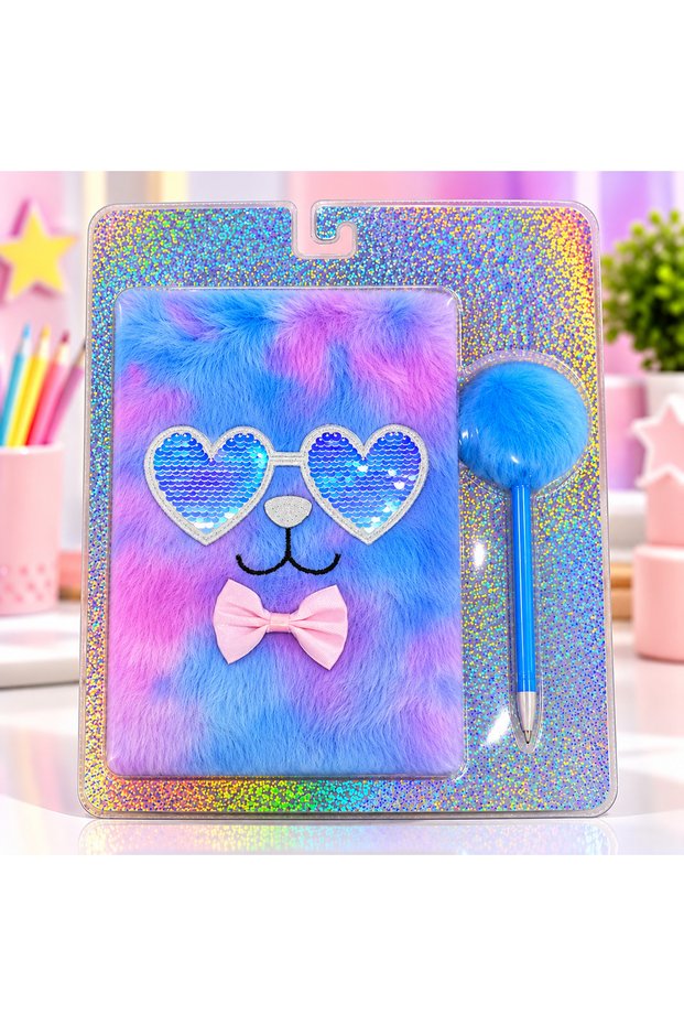 Cuties Candy Plush Scrapbook and Pompom Pen Set – Featuring Stars, Hearts, and Adorable Patterns
