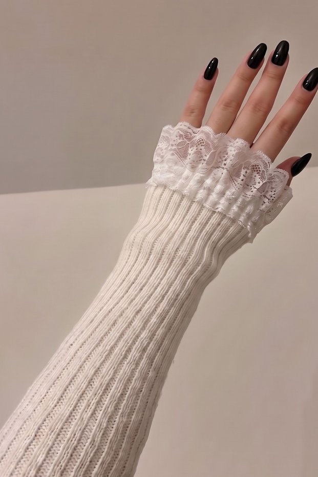 Women's Ecru Lace Knitwear Warmer Sleeves Gloves
