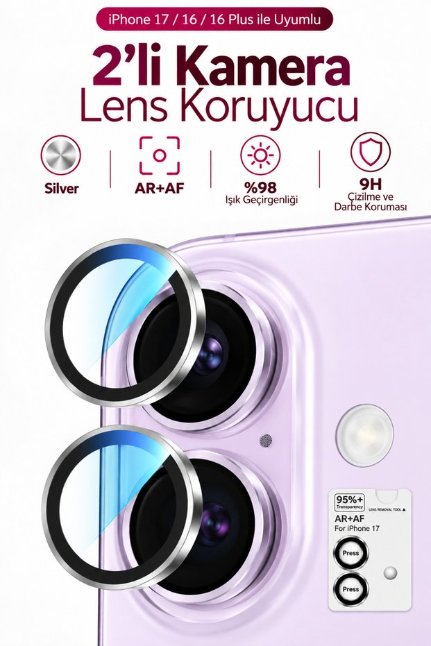 iPhone 17 / 16 / 16 Plus Compatible Premium Ar+Af Camera Lens Protector with Easy Installation Tool Set of 2