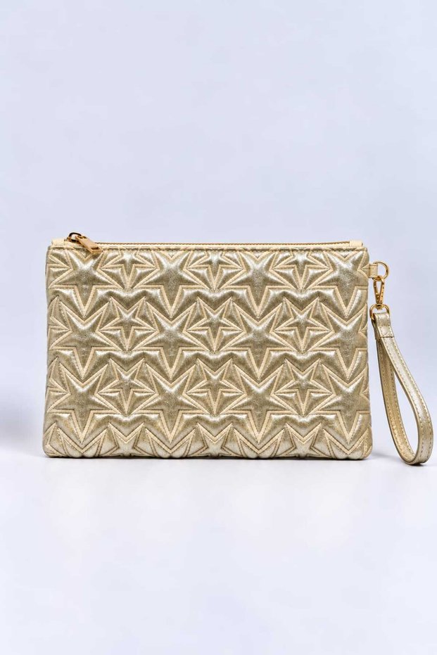 Gold Color Star Embroidered Glittery Portfolio Bag with Hand Strap, Single Compartment Zippered Clutch Handbag 25X20 cm