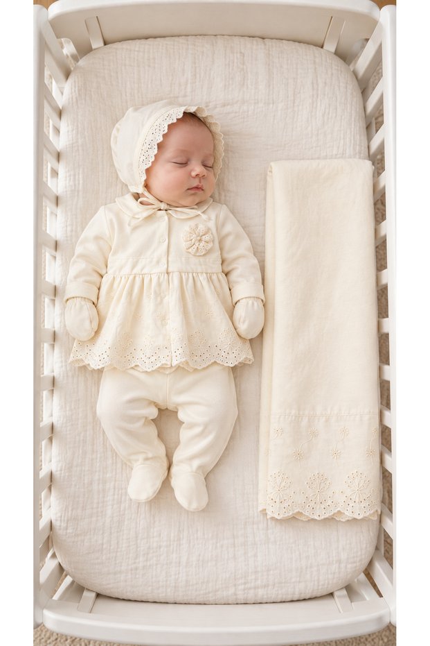 Ivy 100% Cotton 0–3 Months Floral Embroidered Baby Girl Hospital Discharge Set with Pearls and 5-Piece Blanket