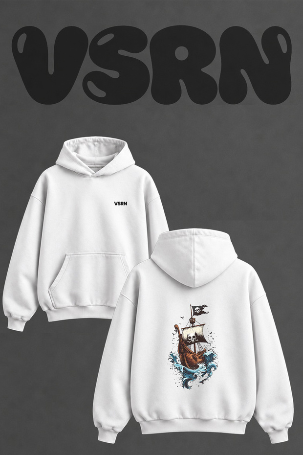 Pirate Ship Design Back Printed Oversize White Hooded Sweatshirt
