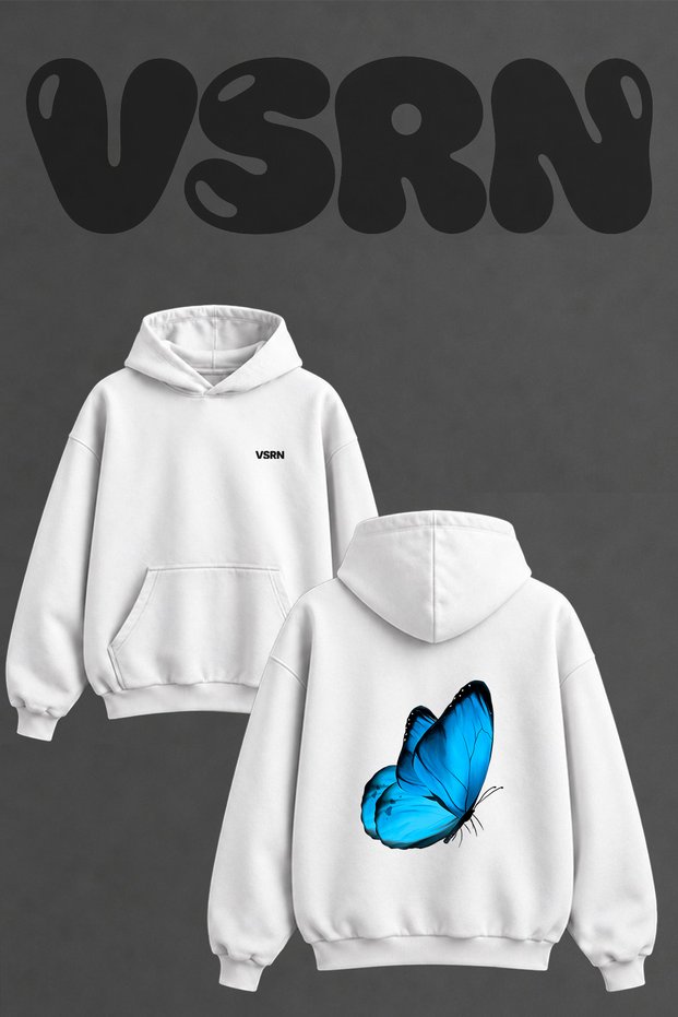Blue Butterfly Design Back Printed Oversize White Hooded Sweatshirt
