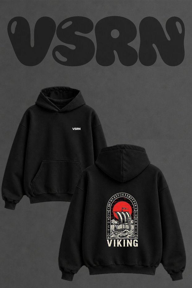 Viking Ship Design Back Printed Oversize Black Hooded Sweatshirt