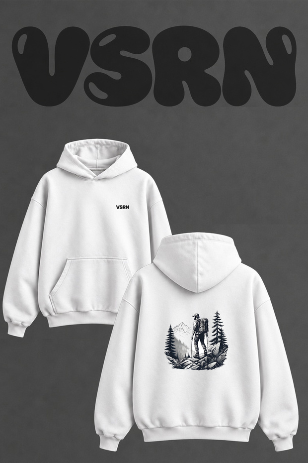 Dagci Trekking Design Back Printed Oversize White Hooded Sweatshirt