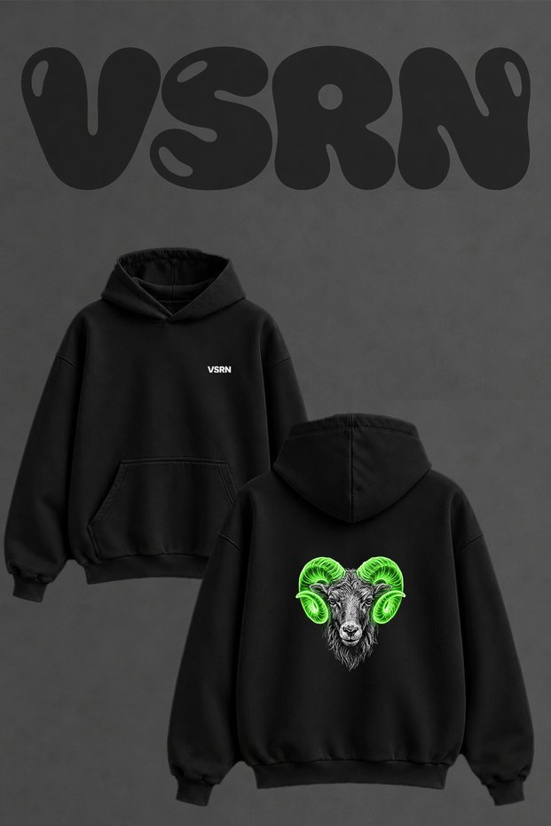 Koc Neon Design Back Printed Oversize Black Hooded Sweatshirt