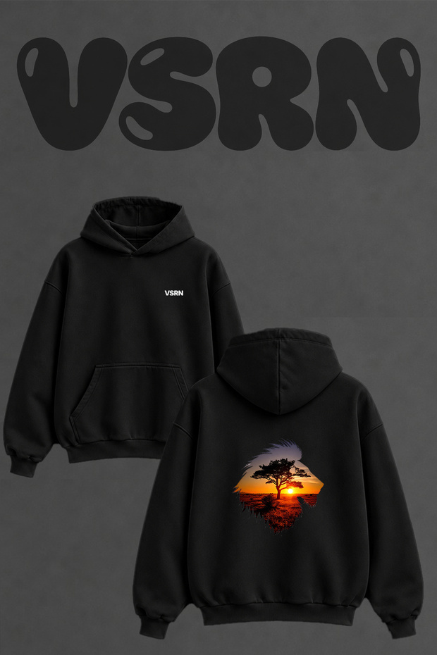 Lion Sunset Design Back Printed Oversize Black Hooded Sweatshirt
