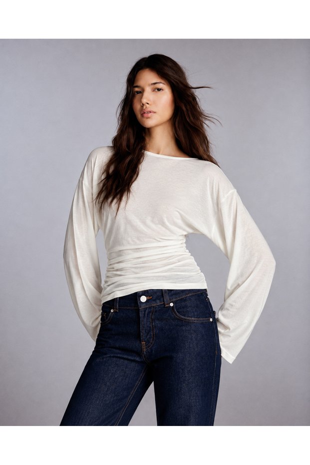 Women's Ecru Viscose Ribbed Crew Neck Bat Sleeve Blouse with Drawstring Detail