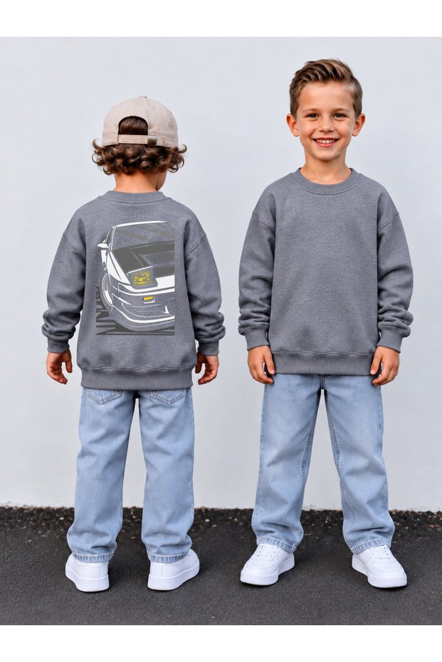 Boy's Crew Neck Sweatshirt Printed 3 Yarn Threaded Winter Comfortable Fit Cotton Sweatshirt