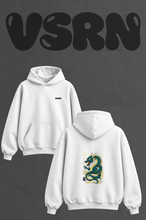 Asian Dragon Design Back Printed Oversize White Hooded Sweatshirt