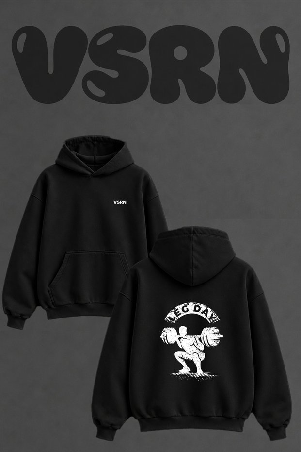 Leg Day Squat_1 Design Back Printed Oversize Black Hooded Sweatshirt