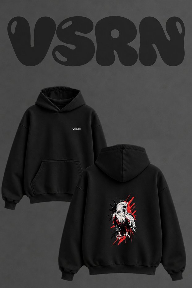 Eagle Splatter Design Back Printed Oversize Black Hooded Sweatshirt