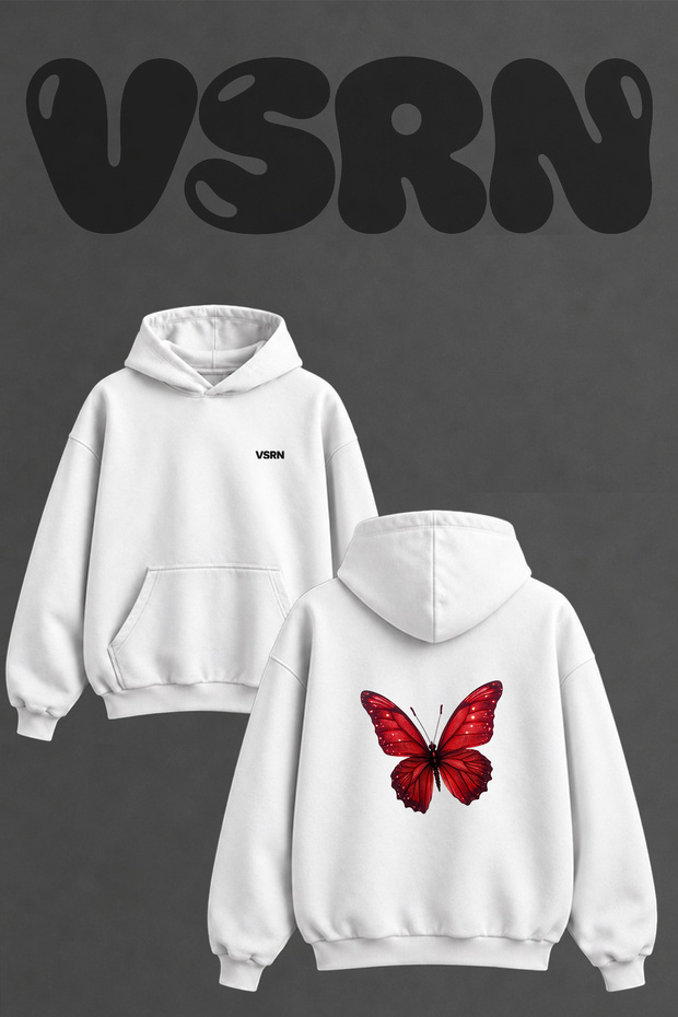 Red Glitter Butterfly Design Back Printed Oversize White Hooded Sweatshirt