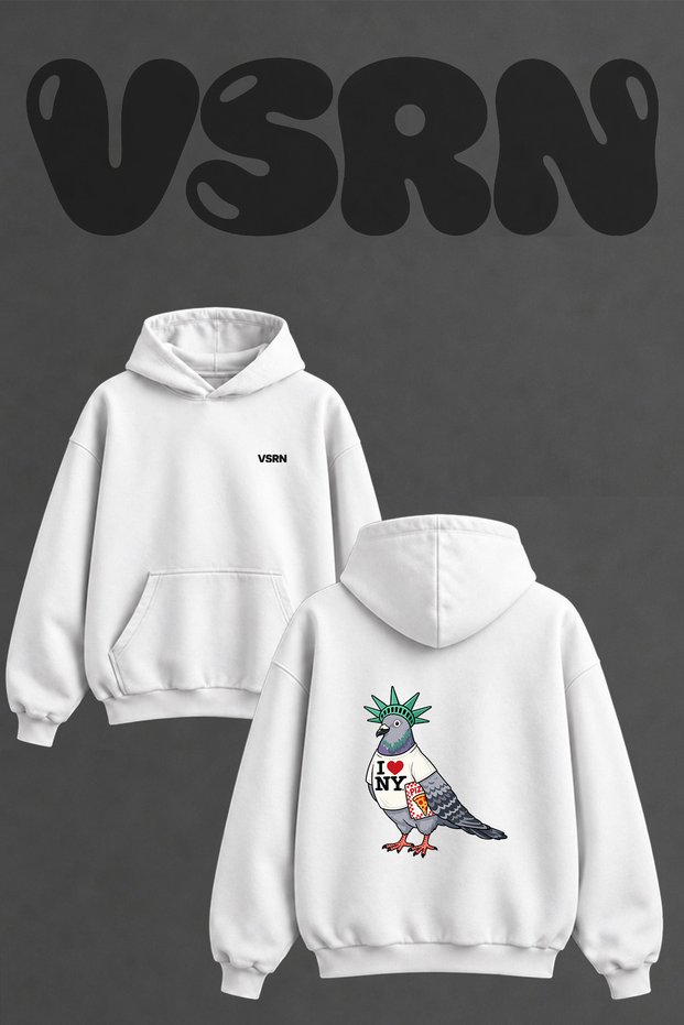 Ny Liberty Pigeon Design Back Printed Oversize White Hooded Sweatshirt