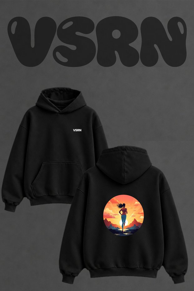 سويت شيرت بقلنسوة أسود كبير الحجم مطبوع من الخلف بتصميم Sunrise Runner