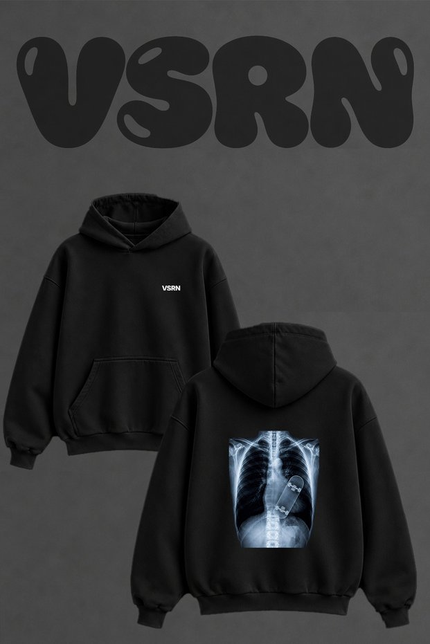 Skateboard Xray Design Back Printed Oversize Black Hooded Sweatshirt