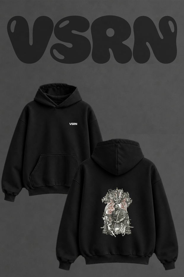 Cossack Hetman Design Back Printed Oversize Black Hooded Sweatshirt