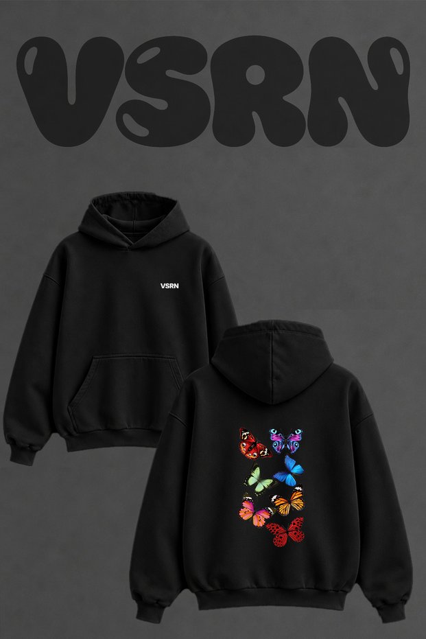 Colorful Butterflies Design Back Print Oversize Black Hooded Sweatshirt
