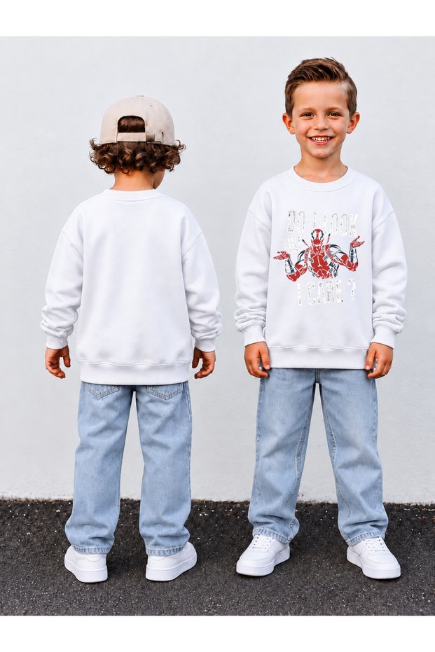 Boy's Crew Neck Sweatshirt Printed 3 Yarn Threaded Winter Comfortable Fit Cotton Sweatshirt
