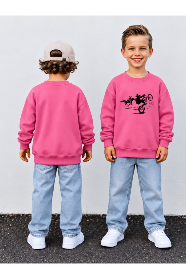 Boy's Crew Neck Sweatshirt Printed 3 Yarn Threaded Winter Comfortable Fit Cotton Sweatshirt