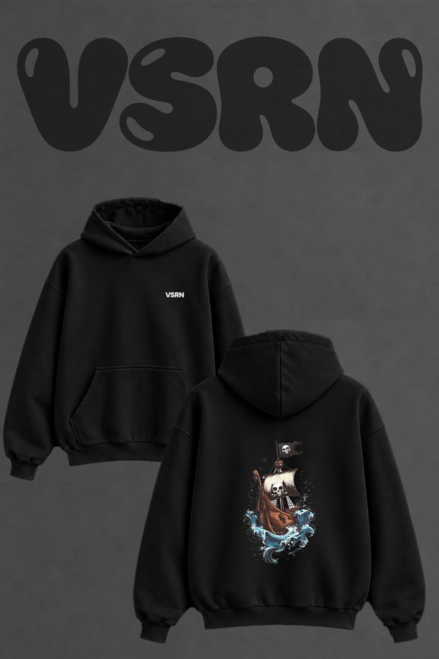 Pirate Ship Design Back Printed Oversize Black Hooded Sweatshirt
