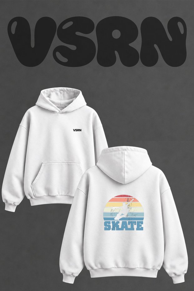 Skate Retro Design Back Printed Oversize White Hooded Sweatshirt