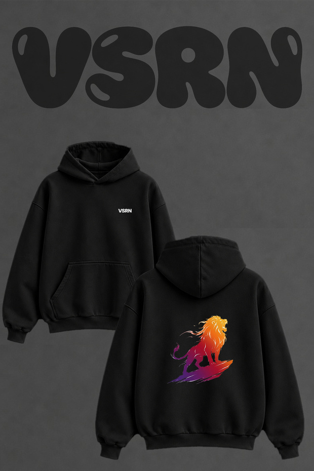Roaring Lion Silhouette Design Back Print Oversize Black Hooded Sweatshirt