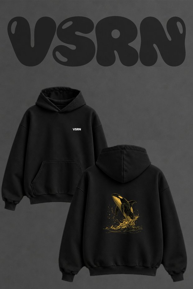 Orca Design Back Printed Oversize Black Hooded Sweatshirt