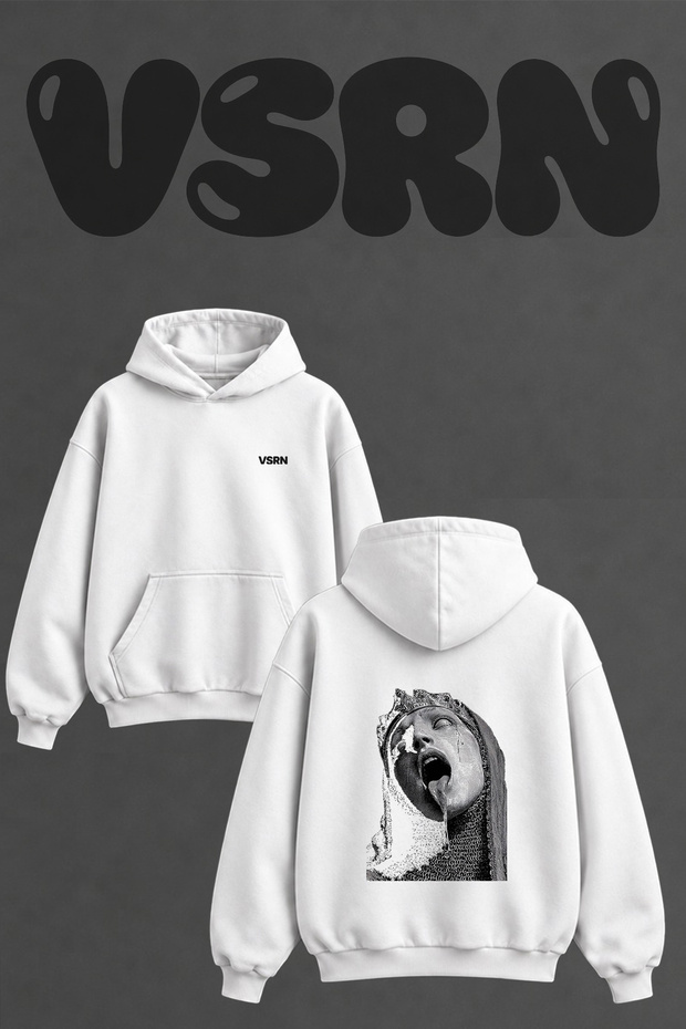 Kralice Ciglik Design Back Printed Oversize White Hooded Sweatshirt
