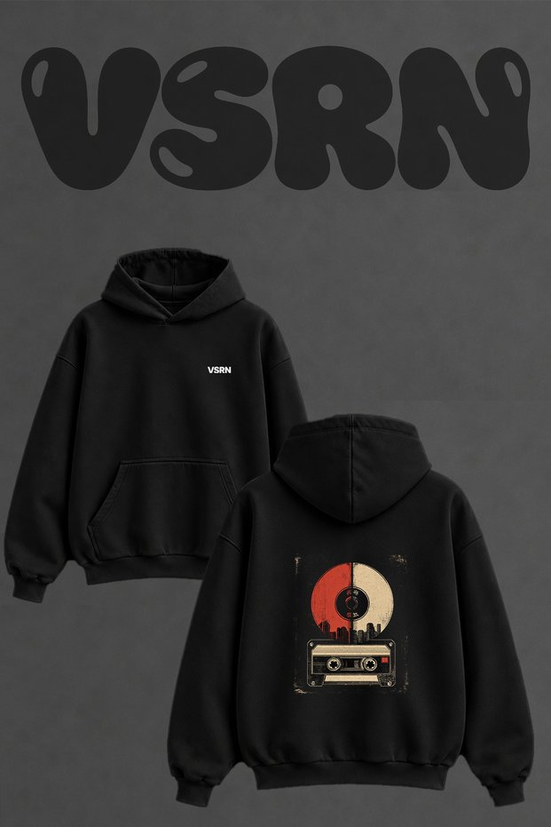 Vinyl Tape Design Back Printed Oversize Black Hooded Sweatshirt
