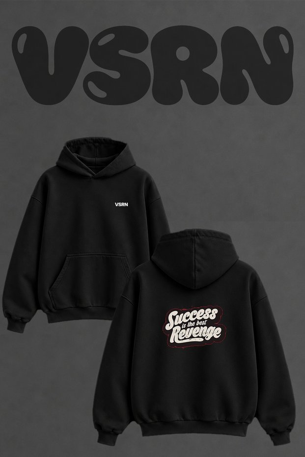 Success Revenge Design Back Printed Oversize Black Hooded Sweatshirt