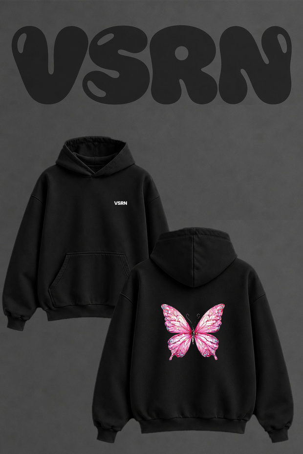 Pink Glitter Butterfly Design Back Print Oversize Black Hooded Sweatshirt