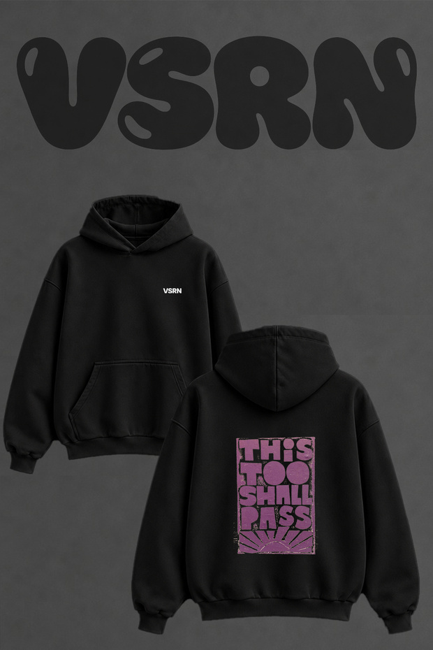 Block Print Quote Design Back Print Oversize Black Hooded Sweatshirt