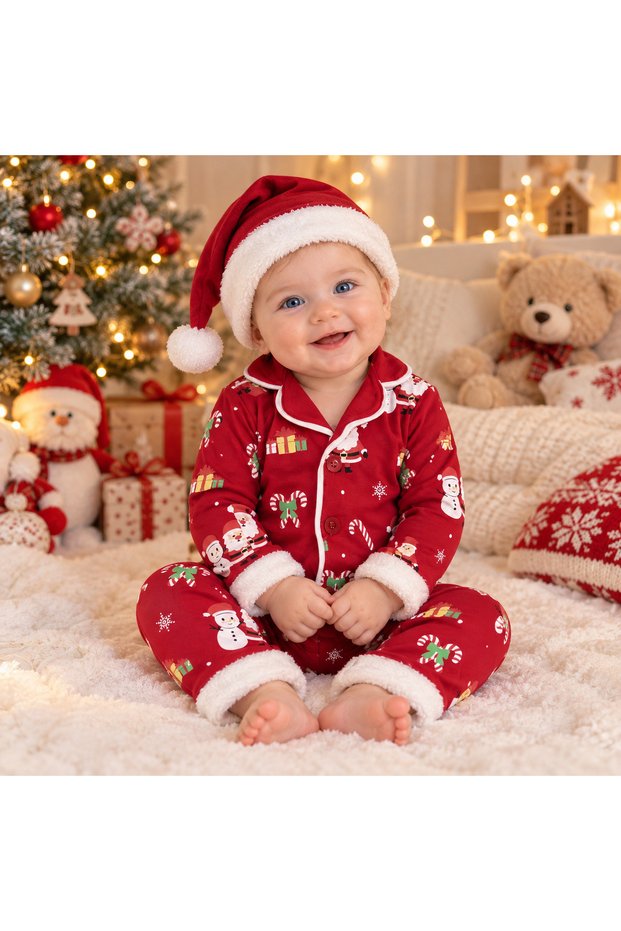 Christmas Themed 3-Piece Baby Pajama Set - 100% Cotton