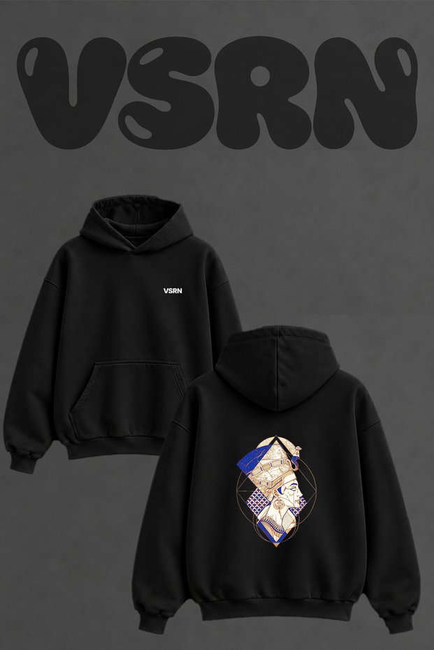 Nefertiti Egyptian Design Back Printed Oversize Black Hooded Sweatshirt