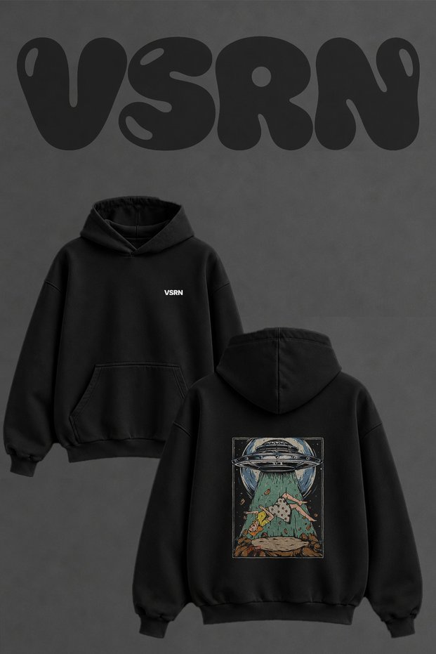 Ufo Abduction_1 Design Back Printed Oversize Black Hooded Sweatshirt