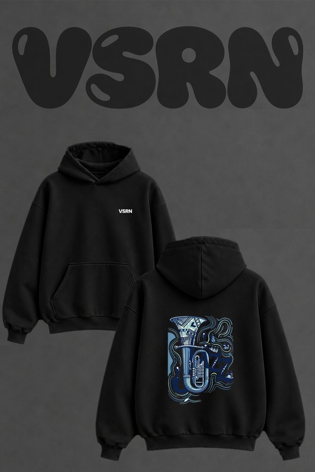 Jazz Tuba Design Back Printed Oversize Black Hooded Sweatshirt