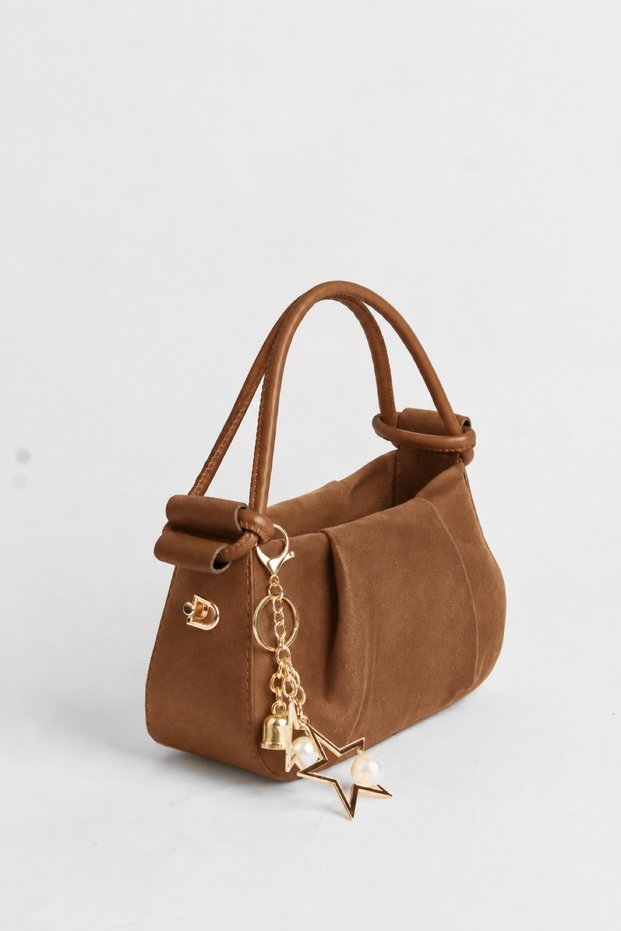 Women's Jasmine Tan Suede Drawstring Knot Handle Mini Hand and Shoulder Bag with Star Accessories
