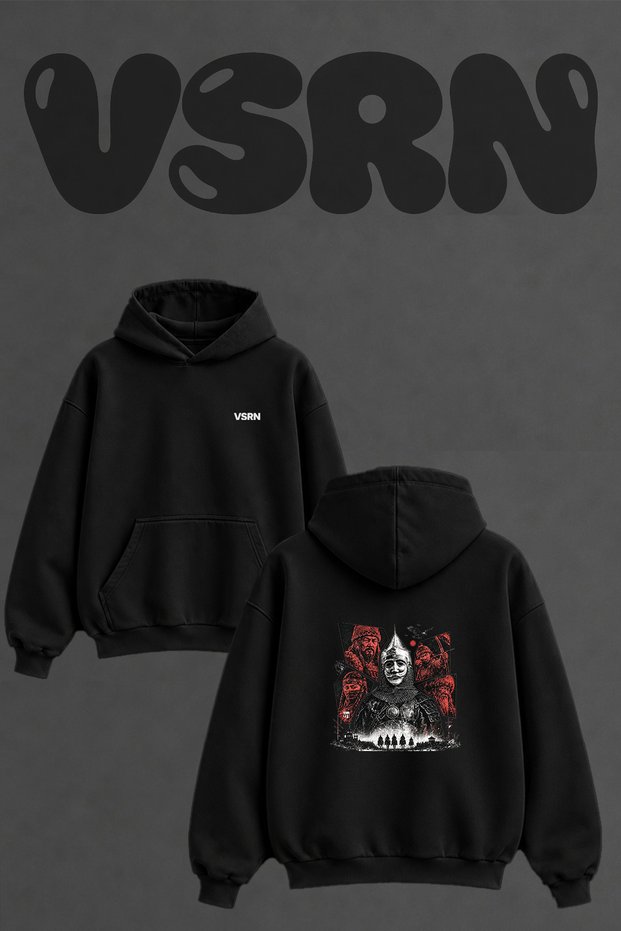 Turk Savasci Design Back Printed Oversize Black Hooded Sweatshirt