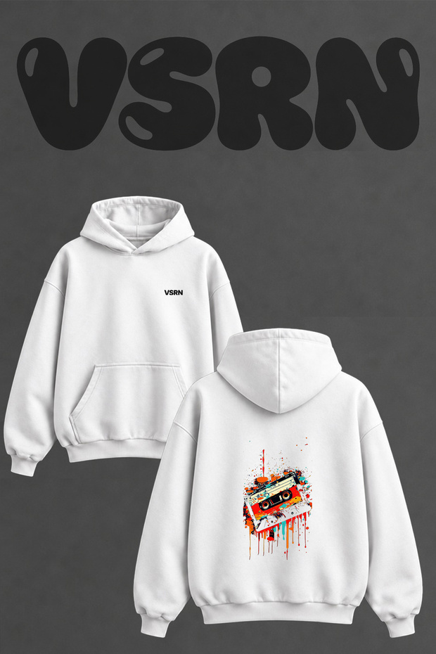 Splatter Art Cassette Design Back Printed Oversize White Hooded Sweatshirt