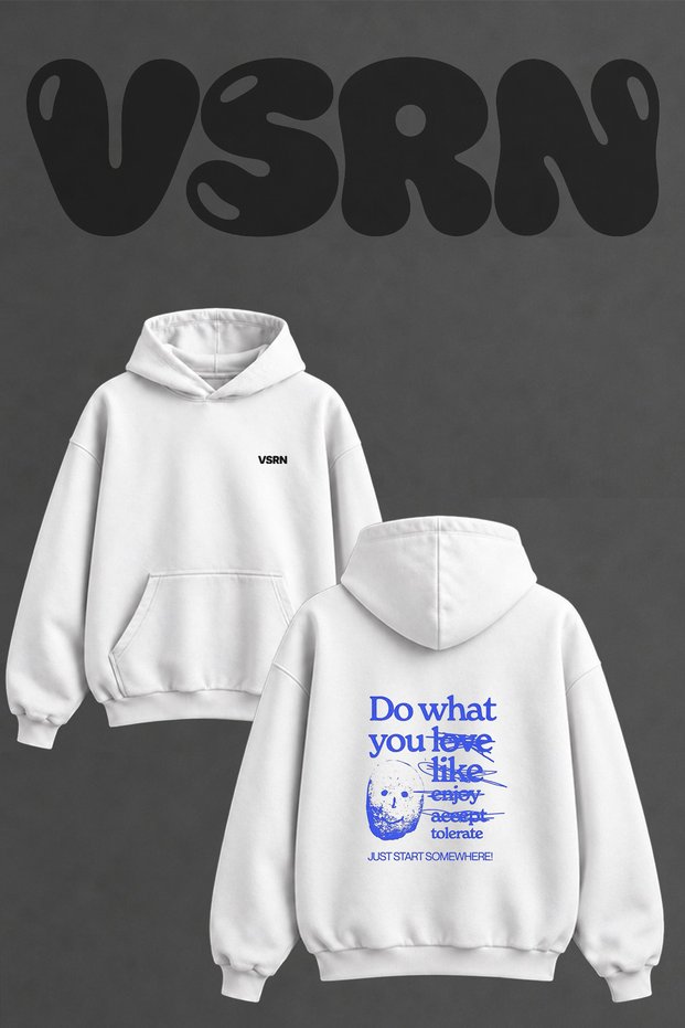 Distorted Face Design Back Printed Oversize White Hooded Sweatshirt
