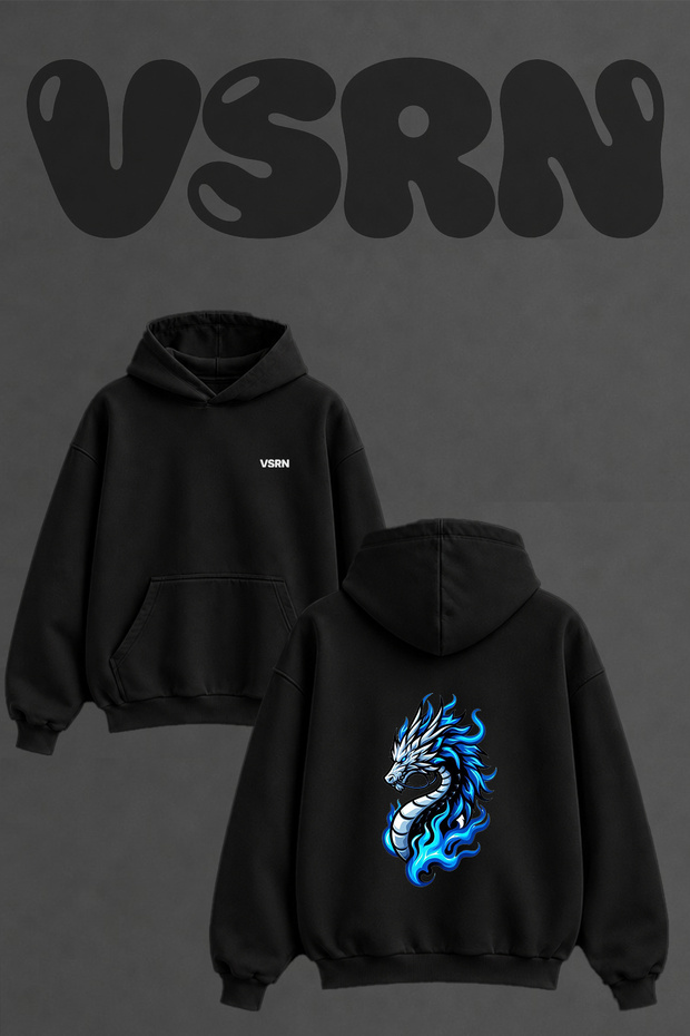Blue Dragon Design Back Printed Oversize Black Hooded Sweatshirt